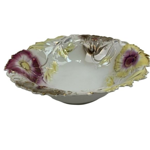 Vintage JPF Germany Serving Bowl 10" Floral Gilded Textured Cottagecore Veggies - Picture 2 of 12